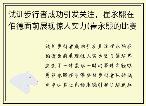 试训步行者成功引发关注，崔永熙在伯德面前展现惊人实力(崔永熙的比赛视频)